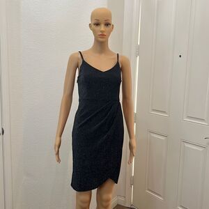 Zalalus Dress Small Metallic Faux Wrap Spaghetti Strap Sleeveless Black Silver